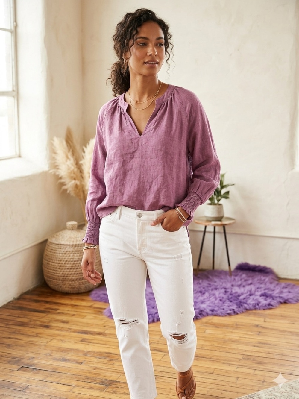 Finley Lavender Split-Neck Smocked Cuff Blouse